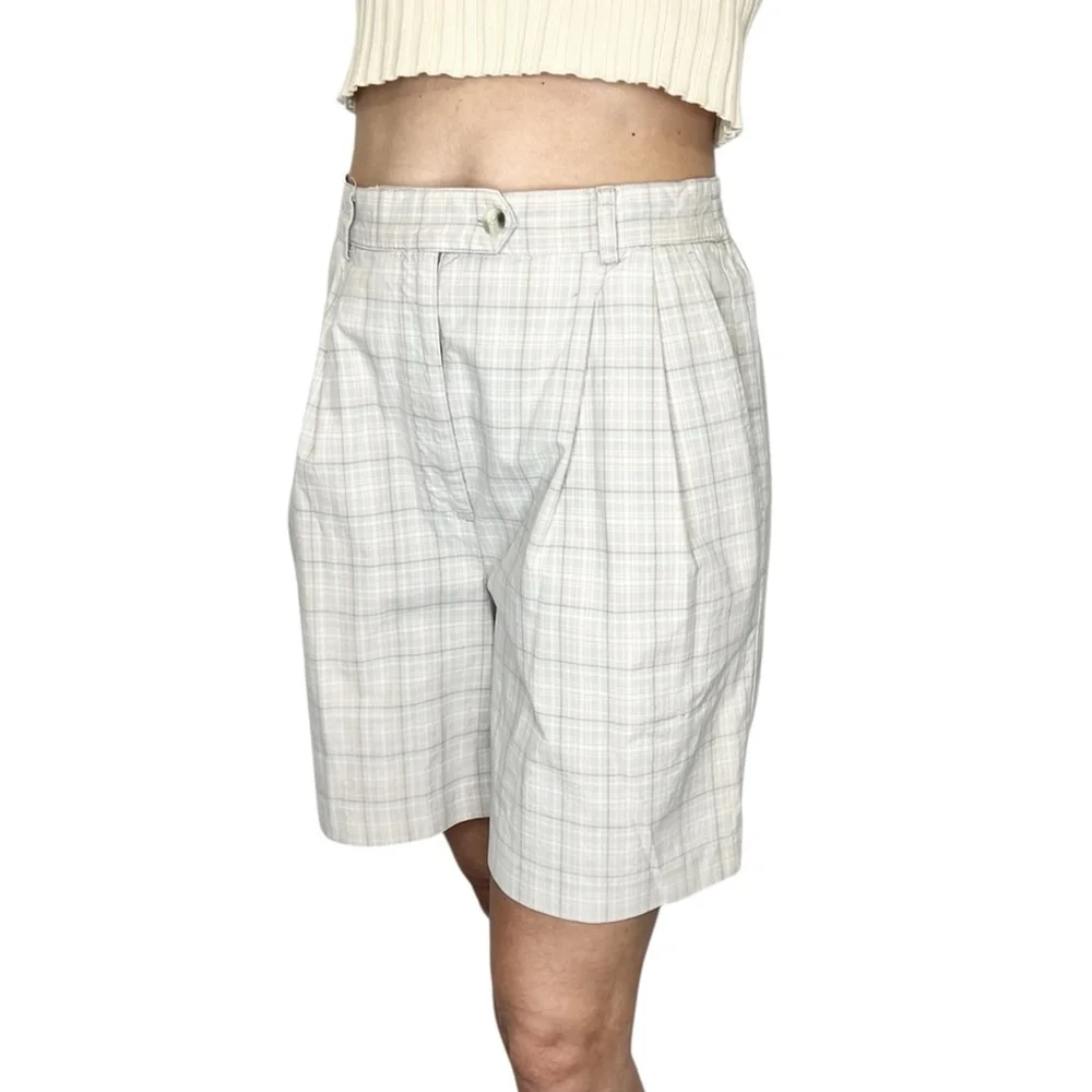 Vintage 80s 90s IZOD 100% cotton beige tan plaid pleated long Bermuda shorts 10